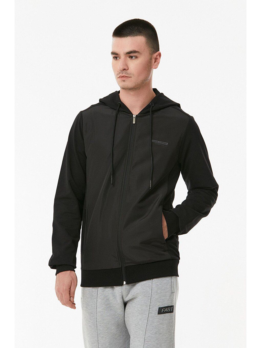 Siyah Baskılı Kapüşonlu Dalgıç Kumaş Fermuarlı Sweatshirt-1