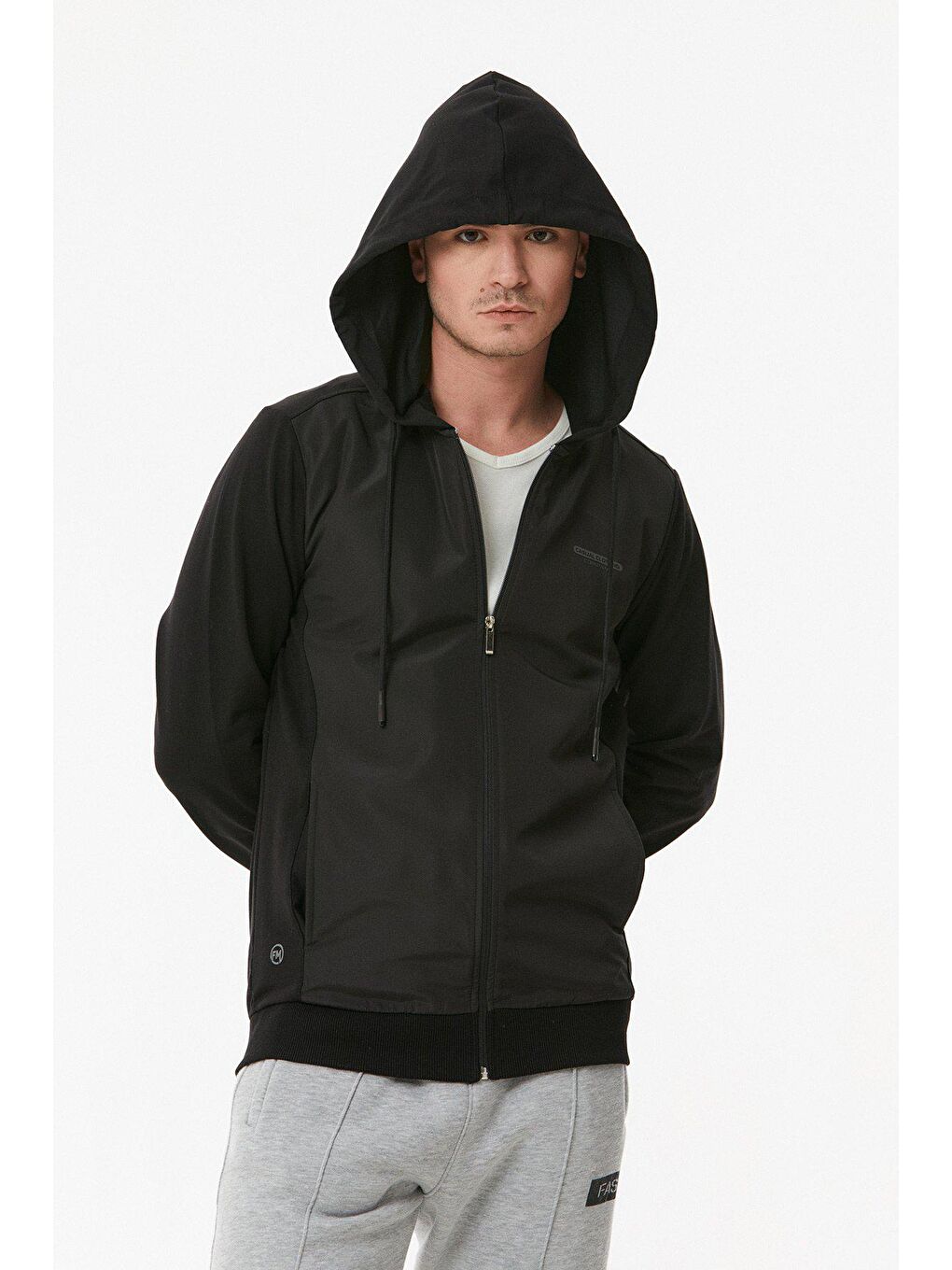 Siyah Baskılı Kapüşonlu Dalgıç Kumaş Fermuarlı Sweatshirt-3