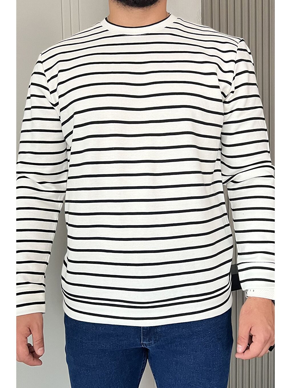 Ekru Erkek Bisiklet Yaka Çizgi Desenli Sweatshirt-2