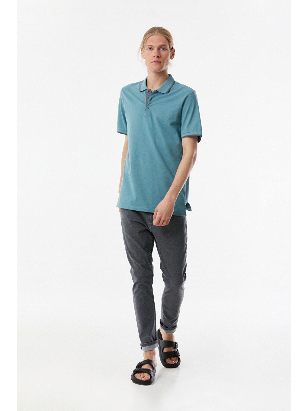 Turkuaz Yakası Çizgili Polo Yaka  Tişört-1