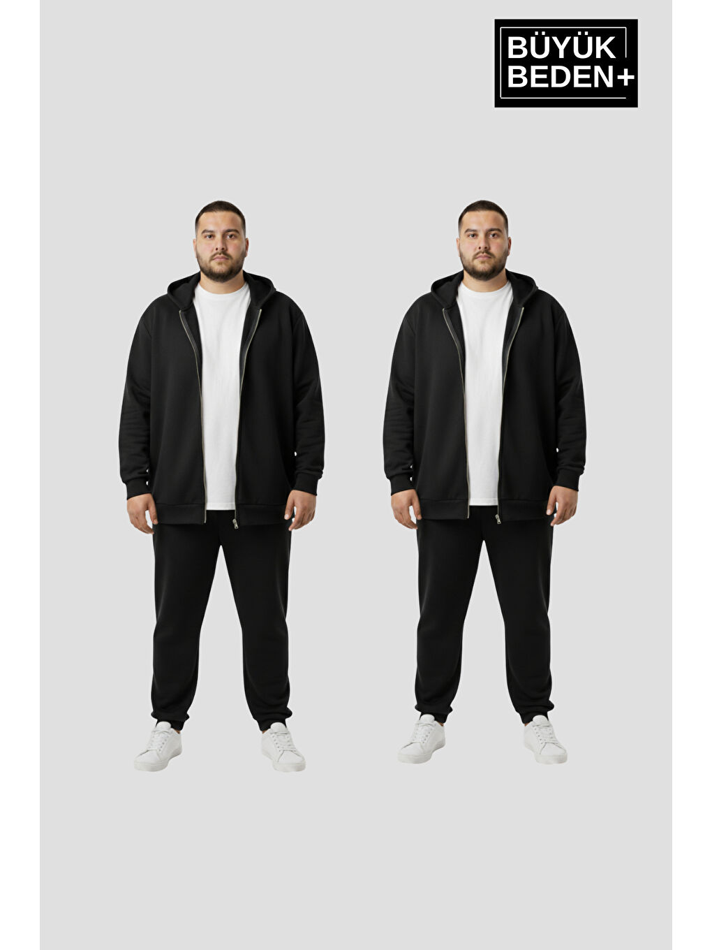 Siyah Büyük Beden Kapüşonlu 2'li Set ince Erkek Fermuarlı Sweatshirt Hırka Rahat Kalıp SPR26BHR960+2