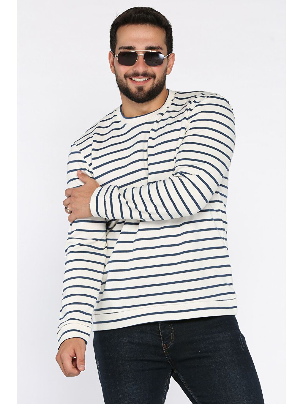 Ekru Erkek Bisiklet Yaka Çizgi Desenli Sweatshirt