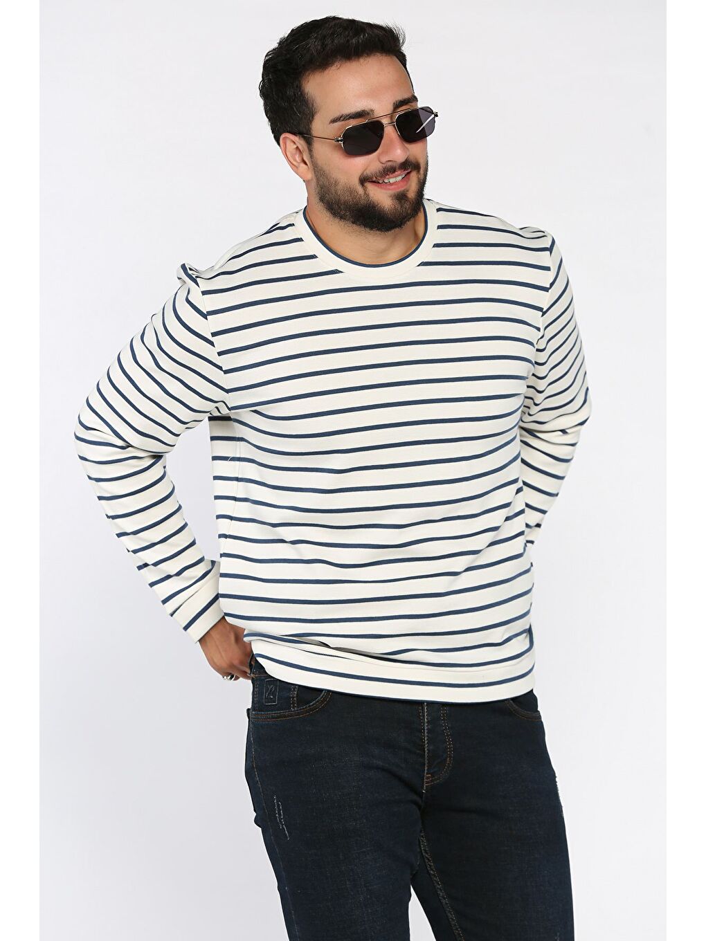 Ekru Erkek Bisiklet Yaka Çizgi Desenli Sweatshirt-1