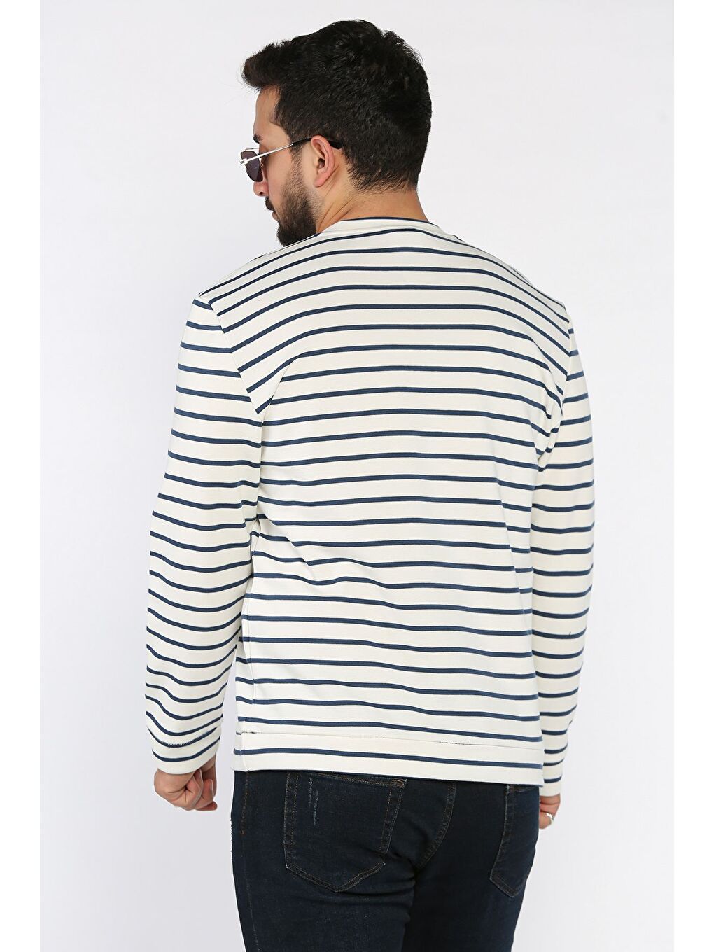 Ekru Erkek Bisiklet Yaka Çizgi Desenli Sweatshirt-2