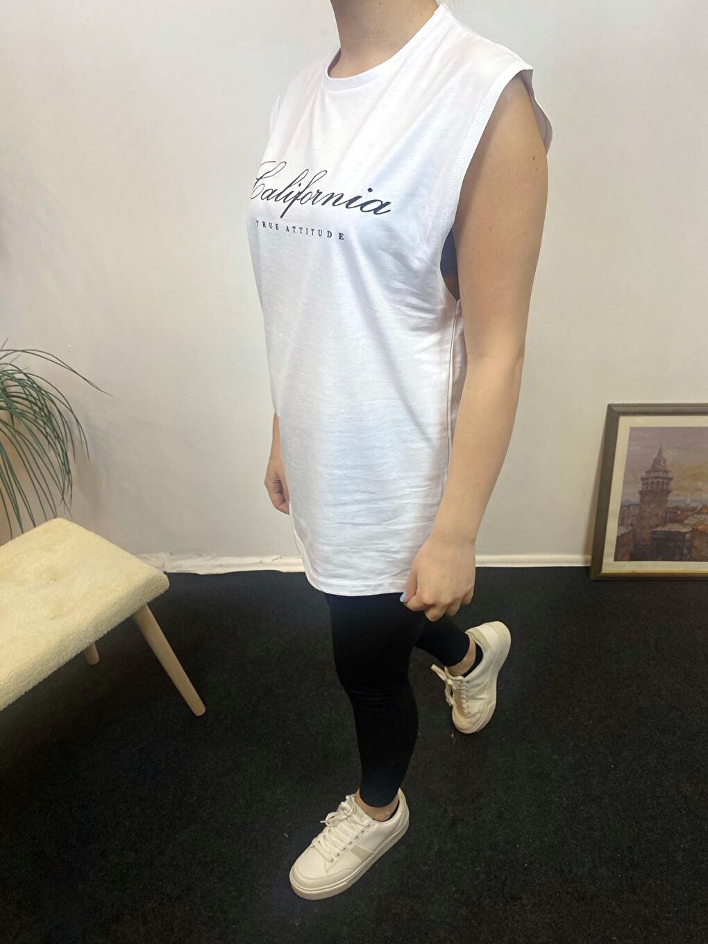 Beyaz Kadın Bisiklet Yaka Regular Fit Californıa Baskılı Tişort SPR24ATK342-1