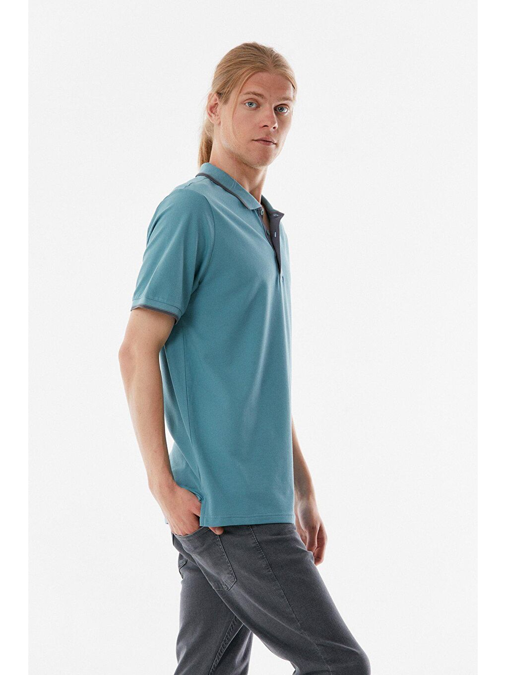 Turkuaz Yakası Çizgili Polo Yaka  Tişört-2