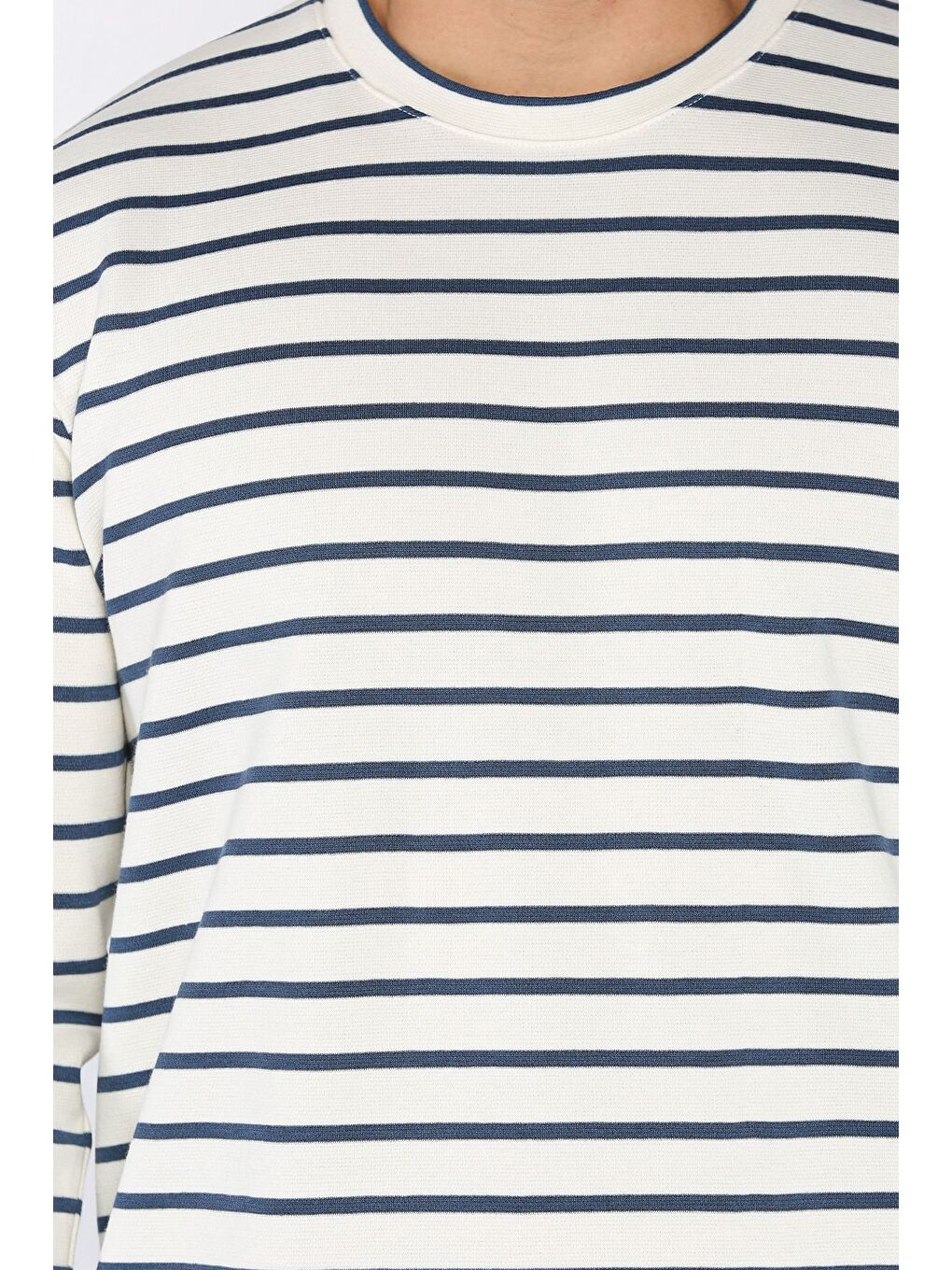 Ekru Erkek Bisiklet Yaka Çizgi Desenli Sweatshirt-3