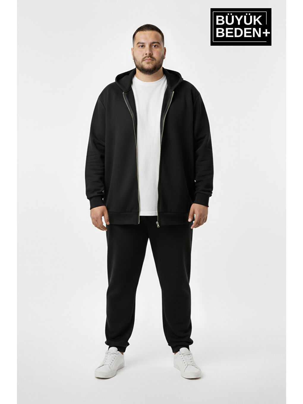 Siyah Büyük Beden Kapüşonlu 2'li Set ince Erkek Fermuarlı Sweatshirt Hırka Rahat Kalıp SPR26BHR960+2-1