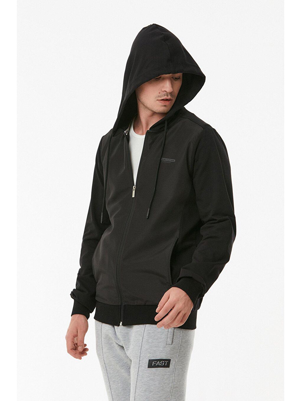 Siyah Baskılı Kapüşonlu Dalgıç Kumaş Fermuarlı Sweatshirt-4