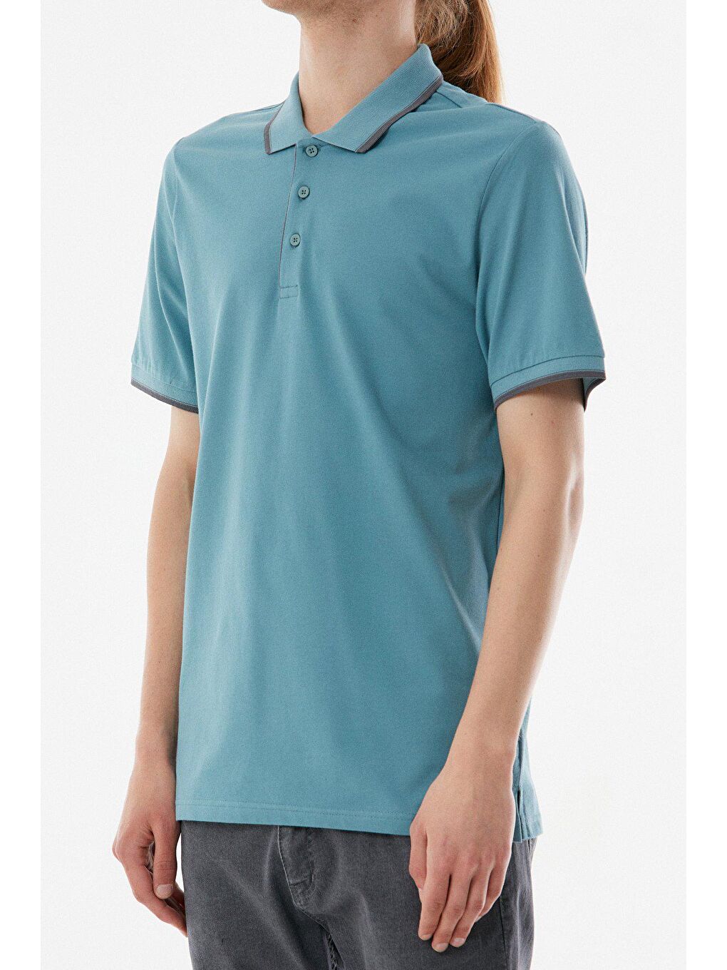 Turkuaz Yakası Çizgili Polo Yaka  Tişört-3