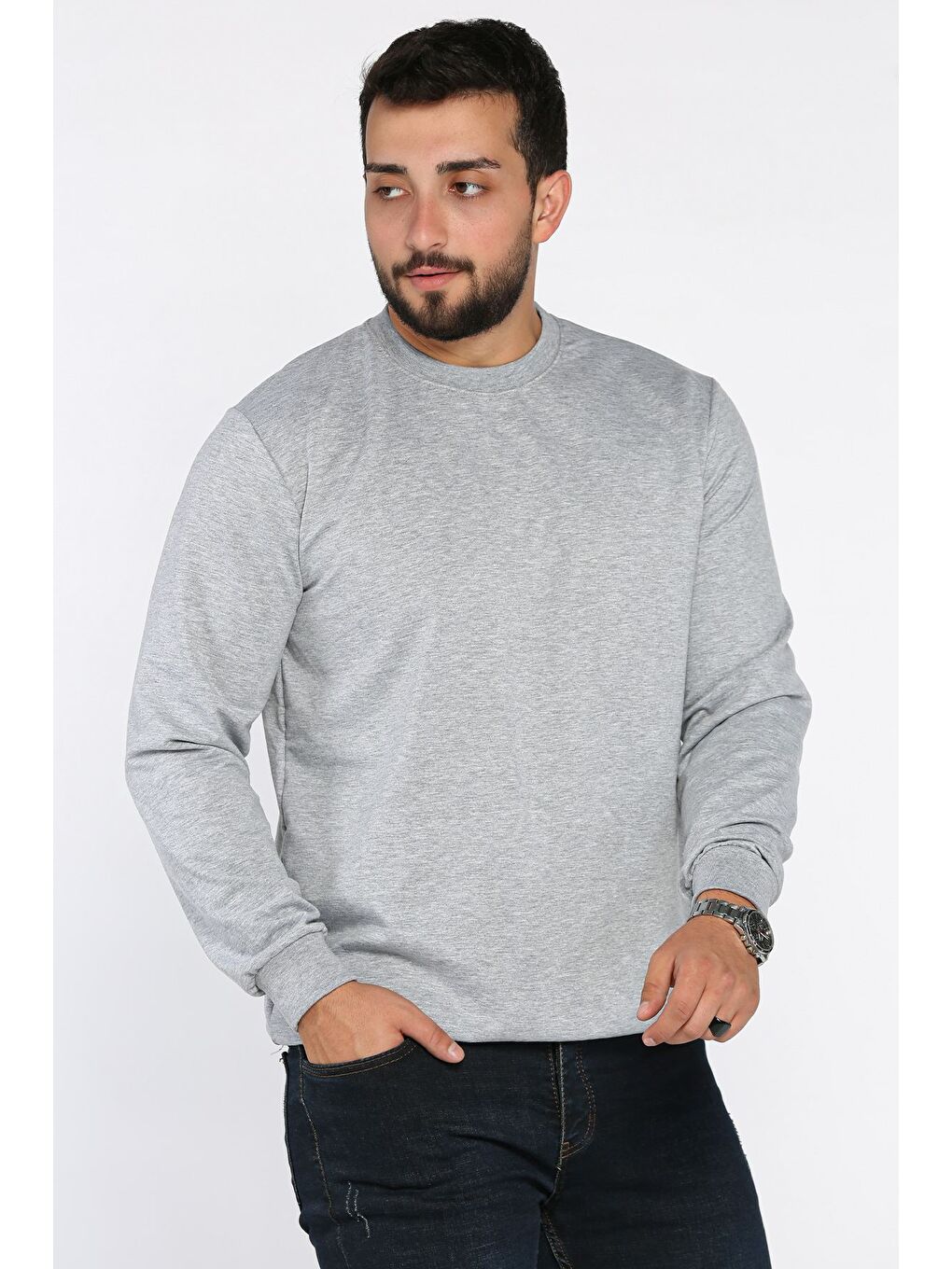 Gri Erkek Bisiklet Yaka Basic Sweatshirt