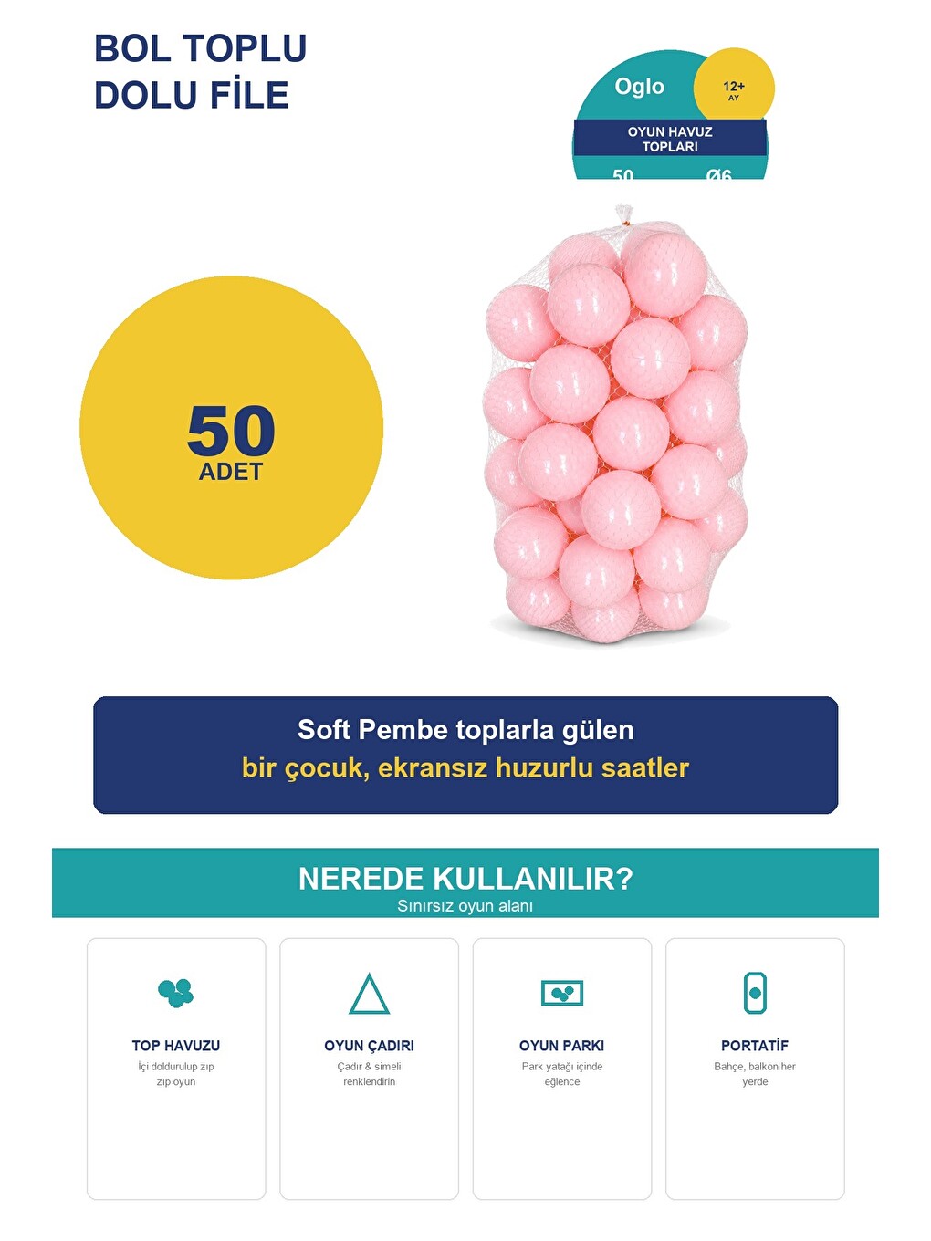 Soft Pembe Havuz Topu 50 Adet — Yumuşak Oyun Havuzu Topları, Filede 1+ Yaş-2