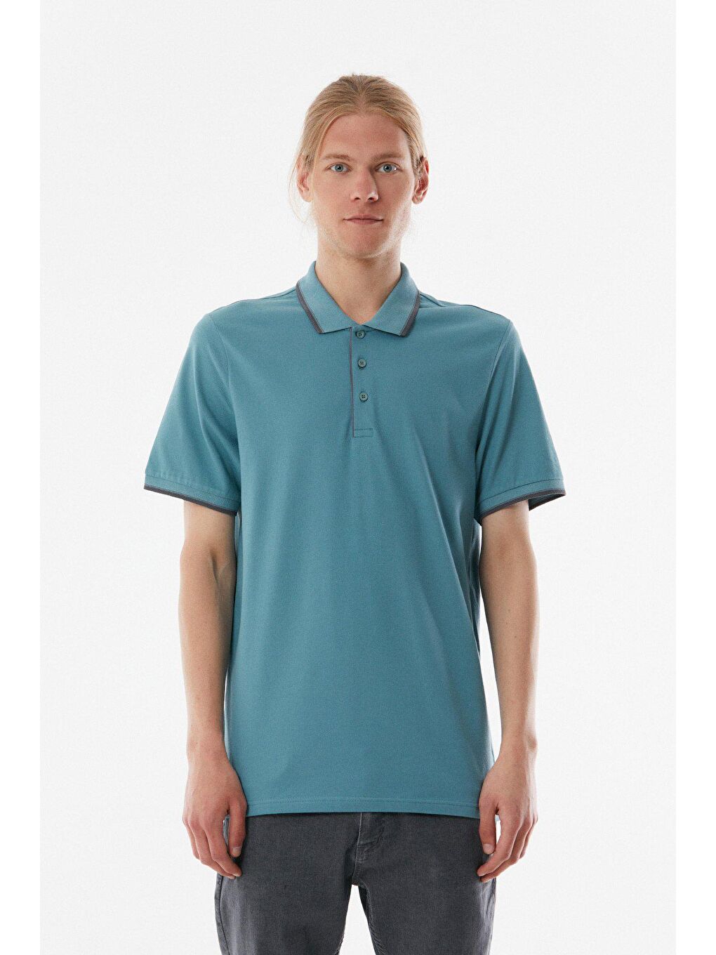 Turkuaz Yakası Çizgili Polo Yaka  Tişört-4