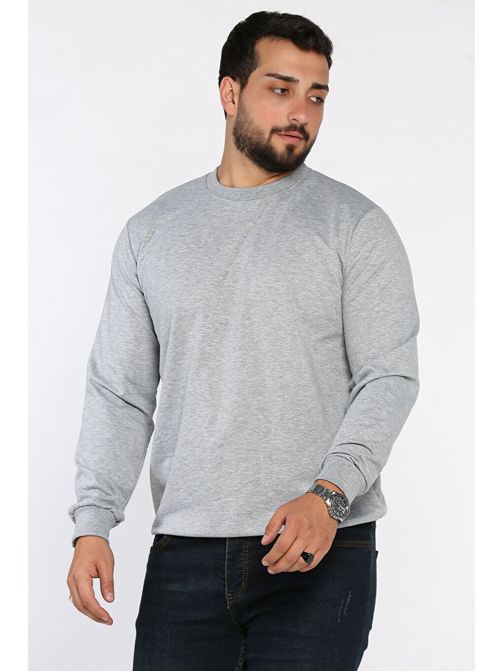 Gri Erkek Bisiklet Yaka Basic Sweatshirt-1