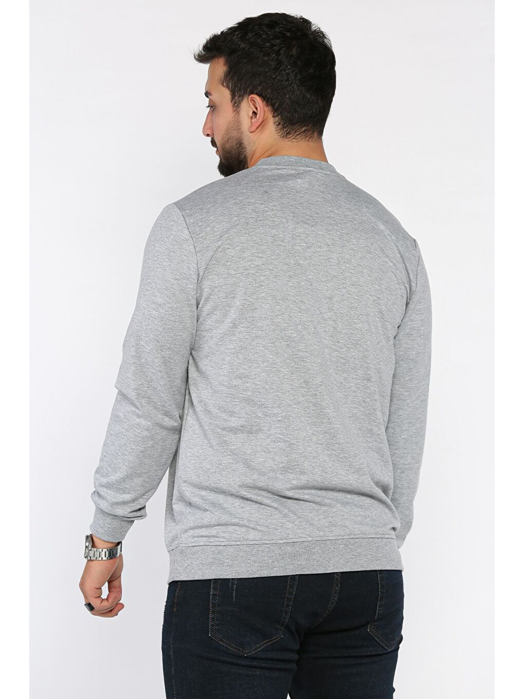 Gri Erkek Bisiklet Yaka Basic Sweatshirt-2