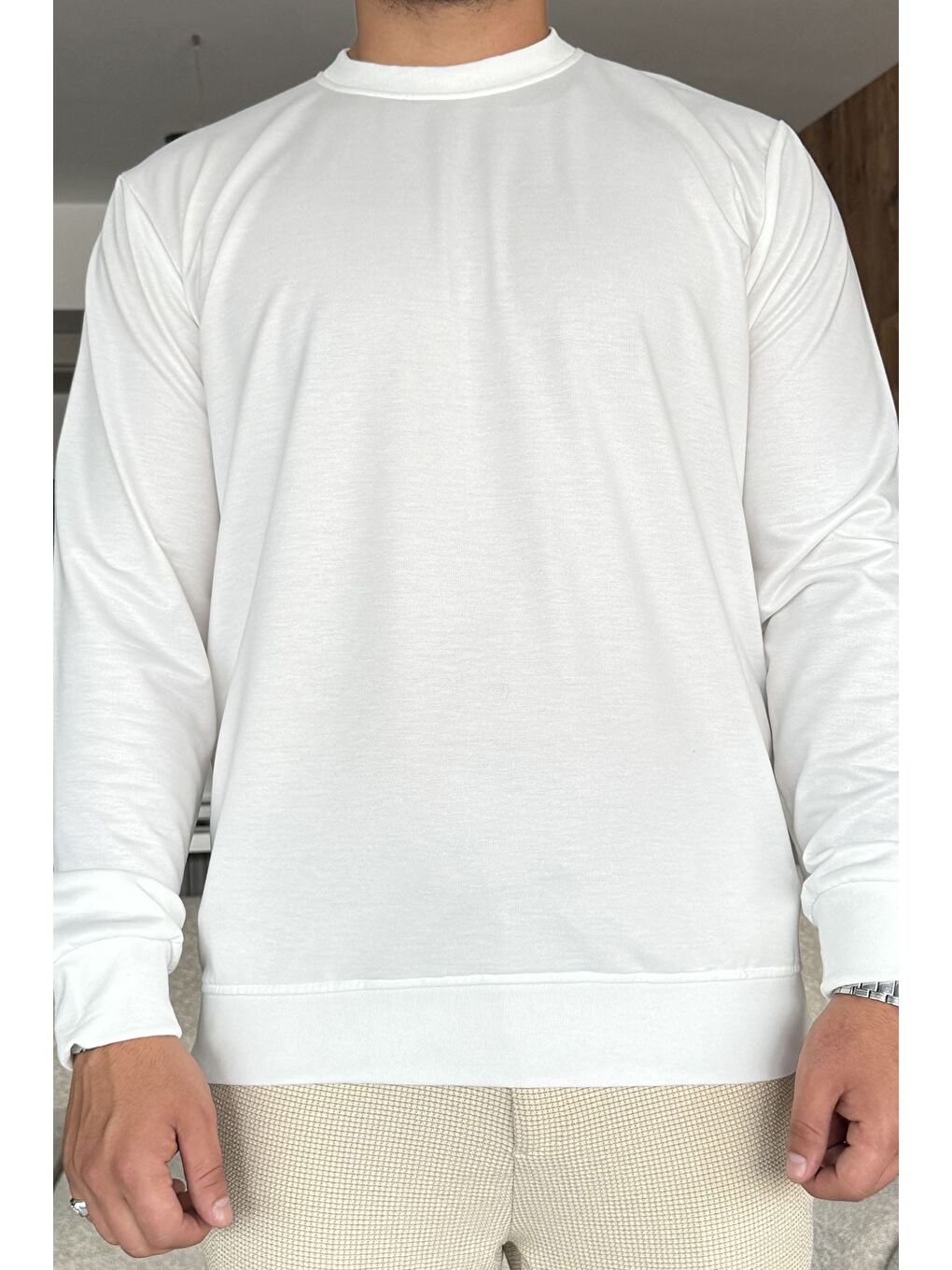 Ekru Erkek Bisiklet Yaka Basic Sweatshirt-2