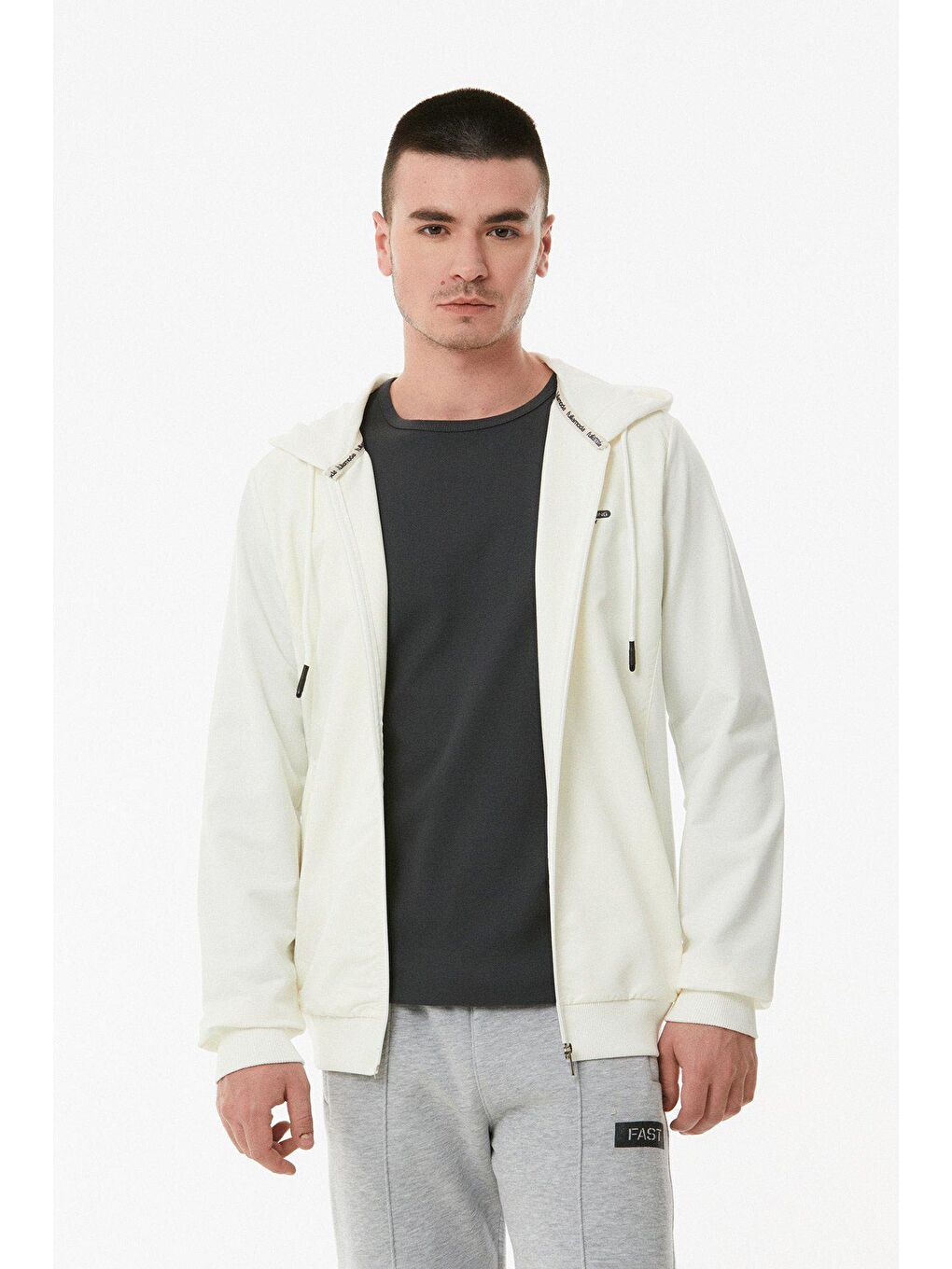 Ekru Baskılı Kapüşonlu Dalgıç Kumaş Fermuarlı Sweatshirt