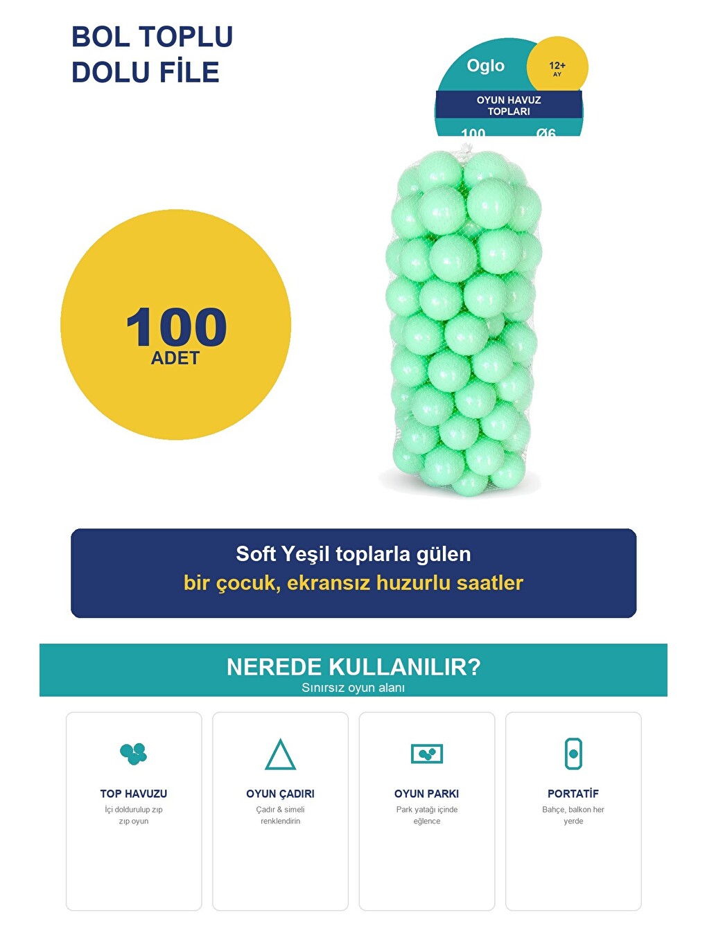 Soft Yeşil Havuz Topu 100 Adet — Yumuşak Oyun Havuzu Topları, Filede 1+ Yaş-2