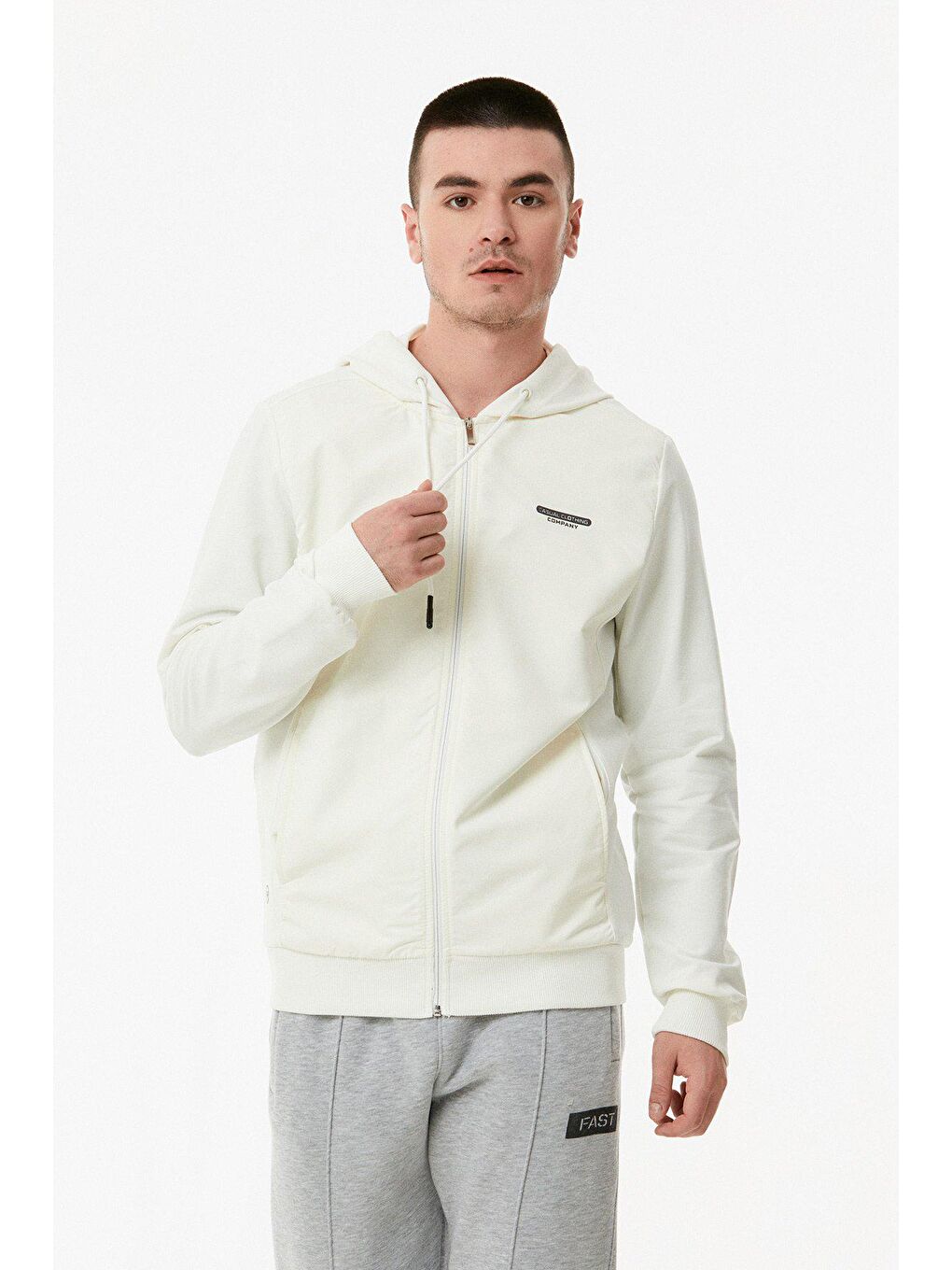 Ekru Baskılı Kapüşonlu Dalgıç Kumaş Fermuarlı Sweatshirt-2