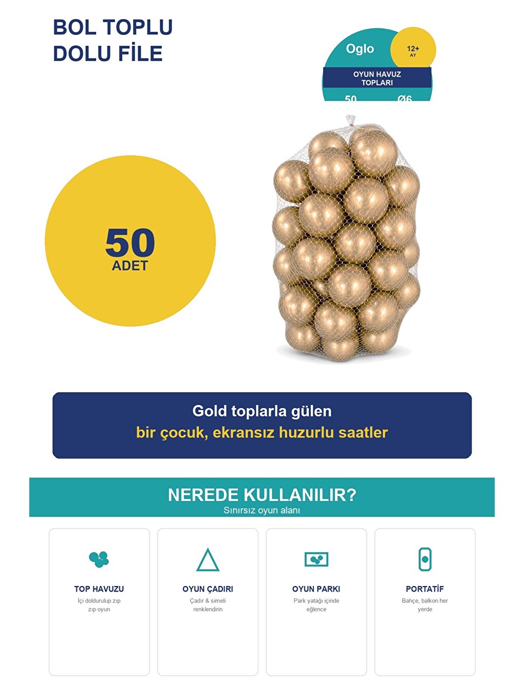 Gold Havuz Topu 50 Adet — Yumuşak Oyun Havuzu Topları, Filede 1+ Yaş-2