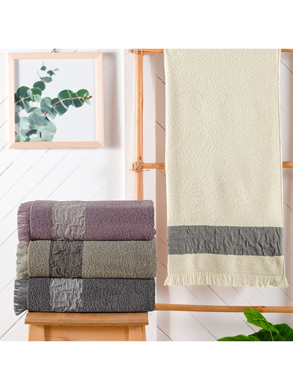 Ekru Crepe Armürlü Havlu 70x140 Cm-Krem