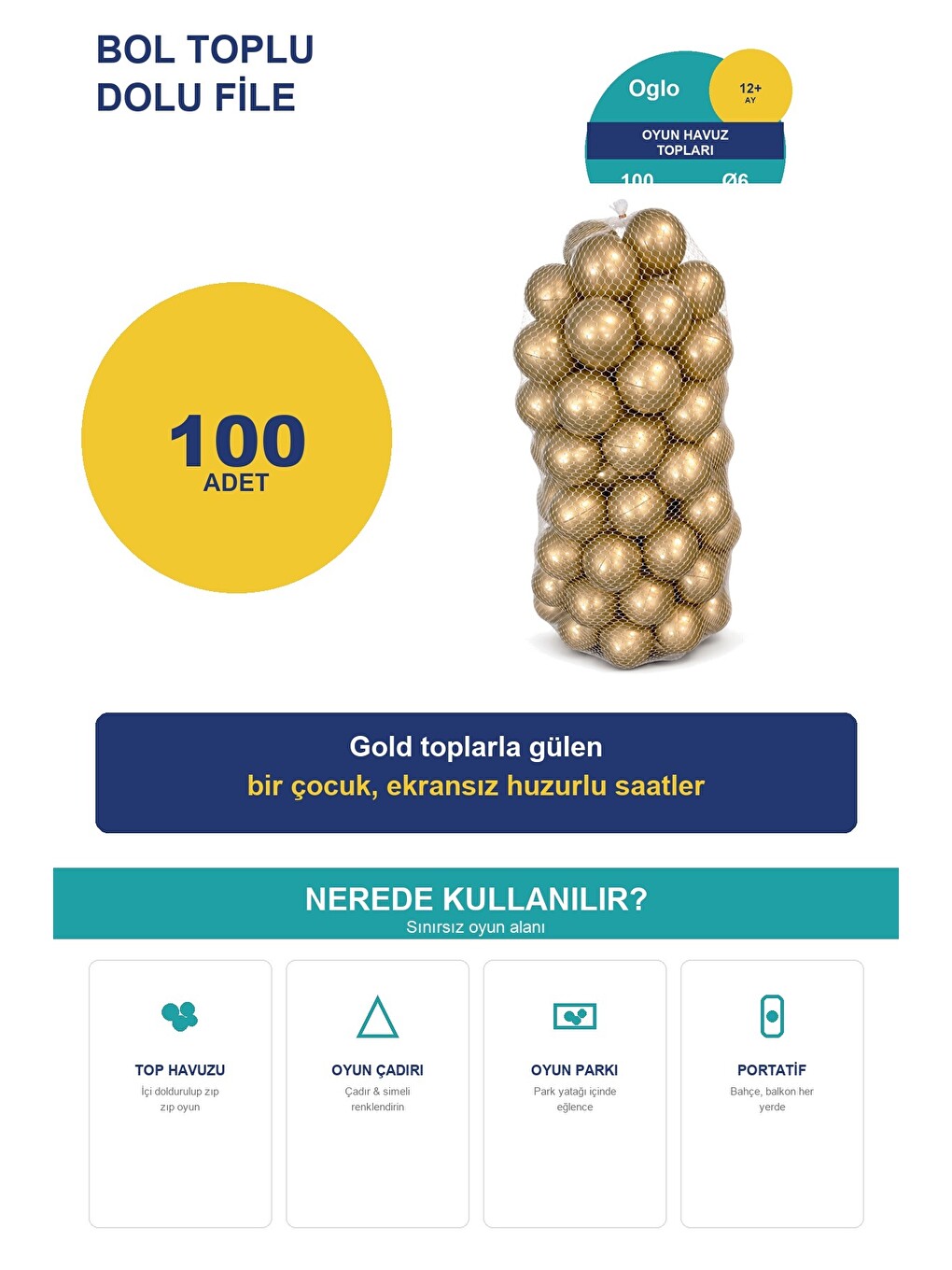 Gold Havuz Topu 100 Adet — Yumuşak Oyun Havuzu Topları, Filede 1+ Yaş-2