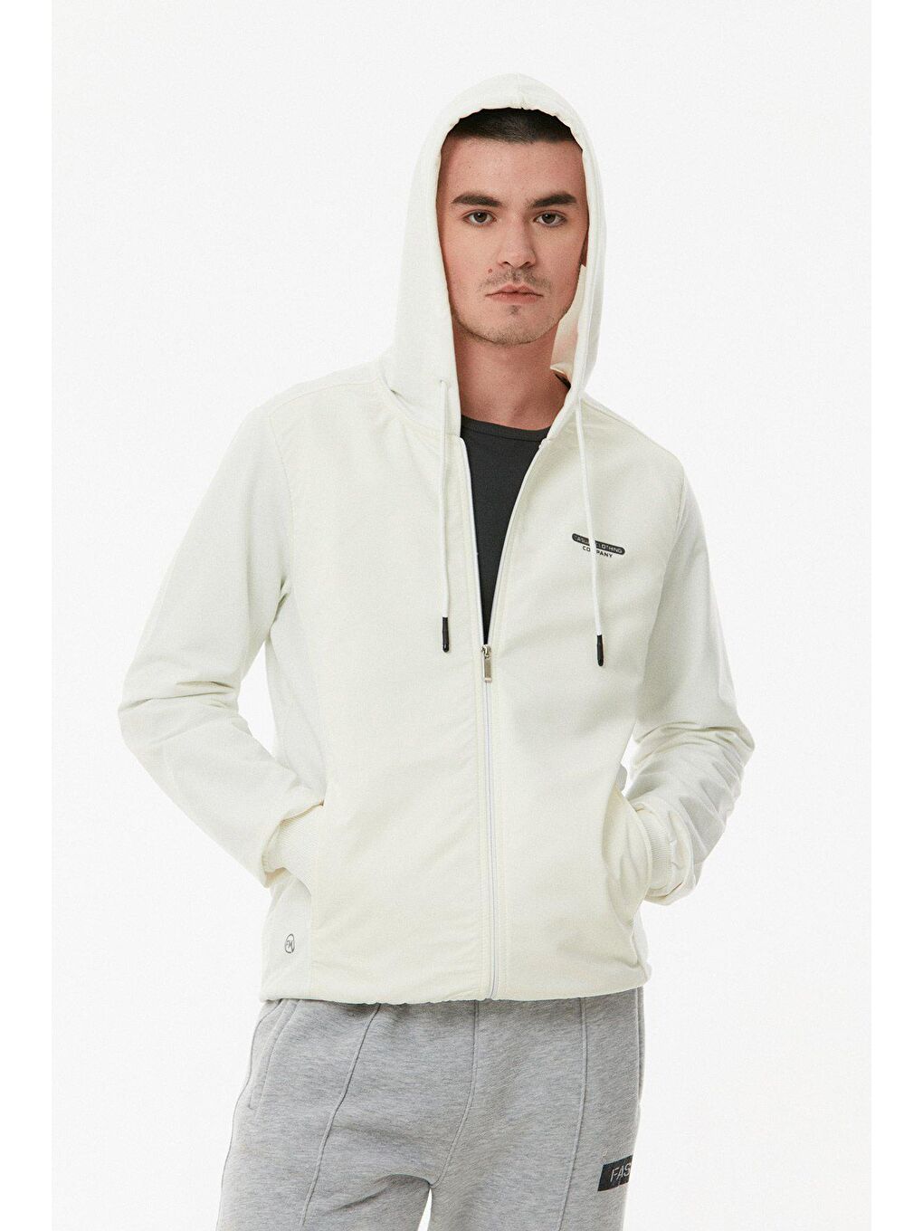 Ekru Baskılı Kapüşonlu Dalgıç Kumaş Fermuarlı Sweatshirt-3