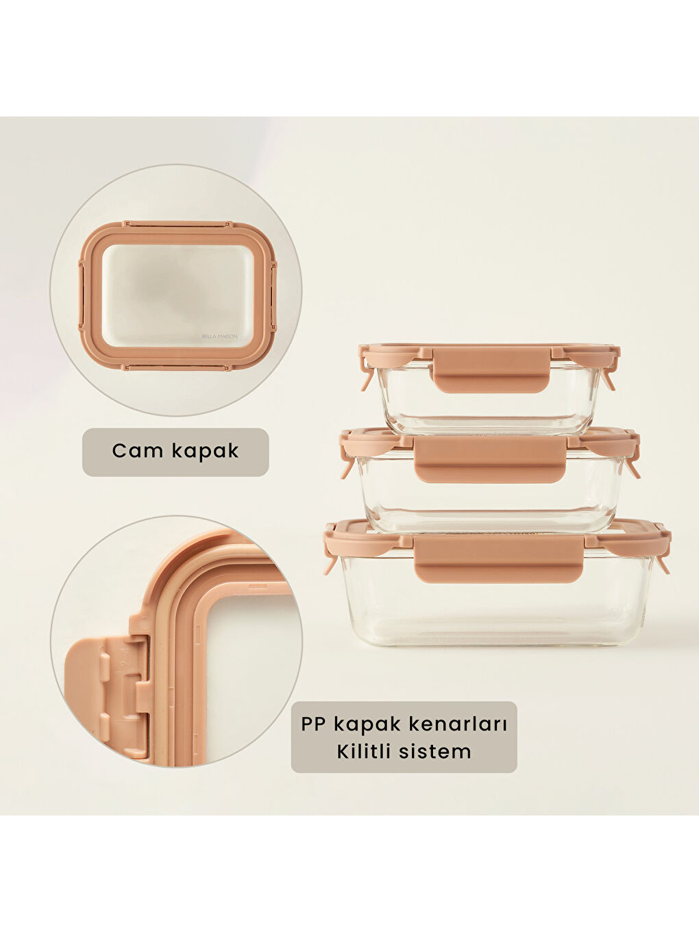 Terra 3'lü Cam Saklama Kabı Seti Bej-1