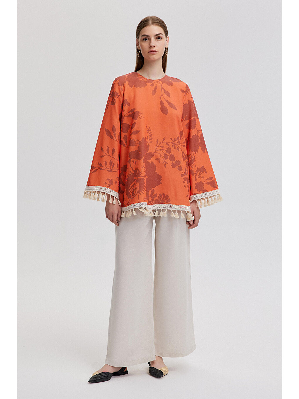 Turuncu Püskül Dantel Detaylı Doğal Dokulu Tunik