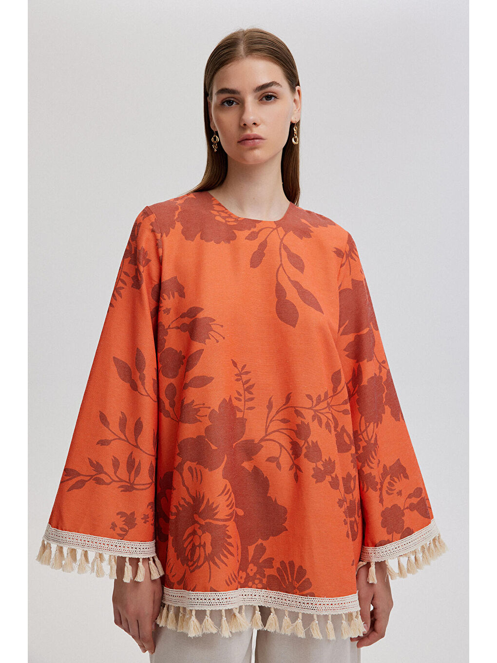Turuncu Püskül Dantel Detaylı Doğal Dokulu Tunik-1