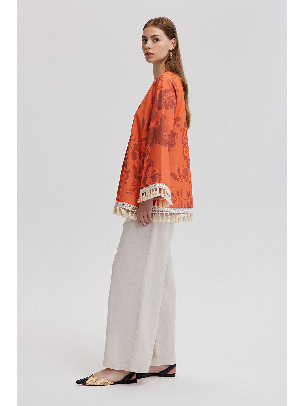 Turuncu Püskül Dantel Detaylı Doğal Dokulu Tunik-2