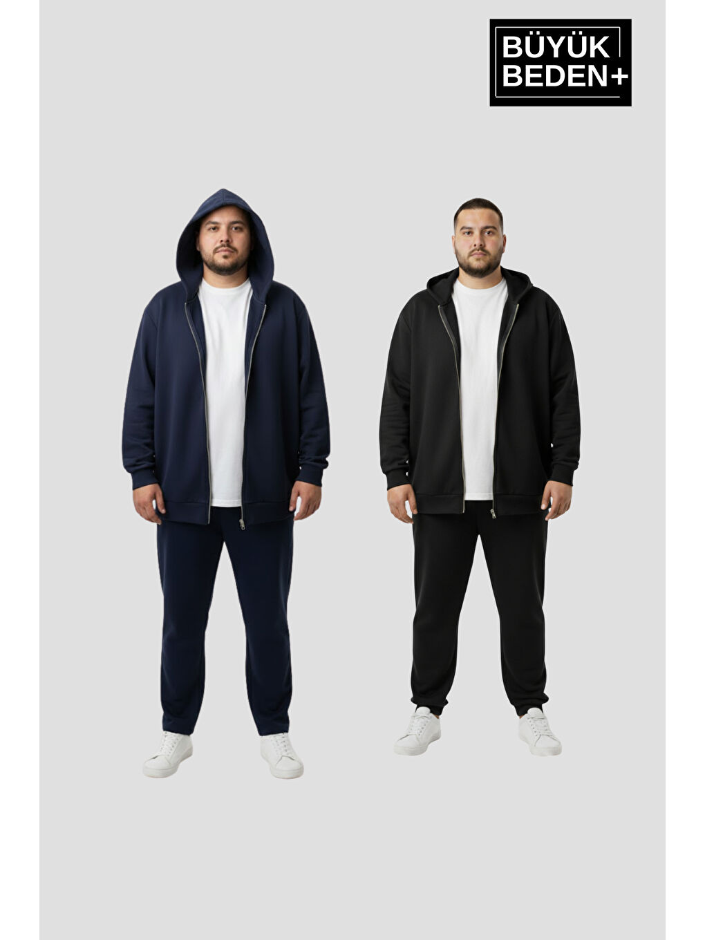 Lacivert Büyük Beden Kapüşonlu 2'li Set ince Erkek Fermuarlı Sweatshirt Hırka Rahat Kalıp SPR26BHR960+2