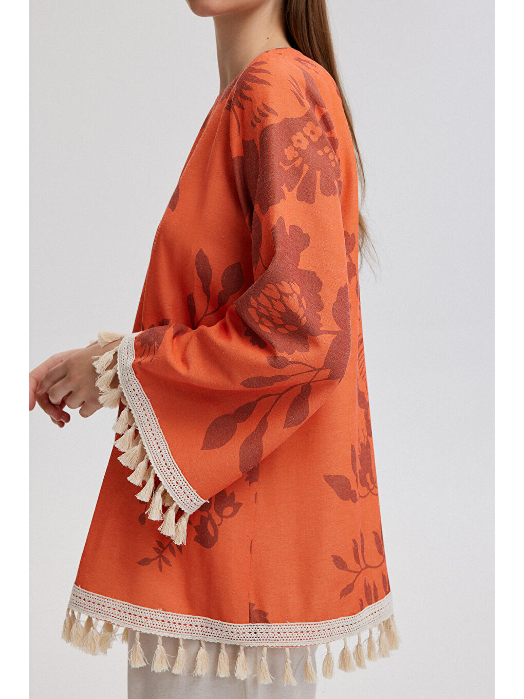 Turuncu Püskül Dantel Detaylı Doğal Dokulu Tunik-4