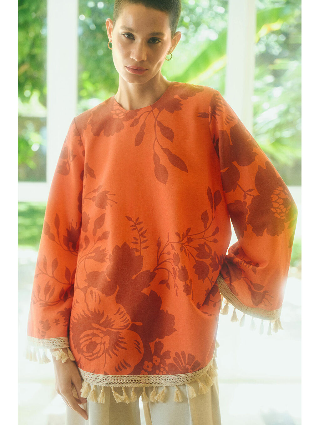 Turuncu Püskül Dantel Detaylı Doğal Dokulu Tunik-5