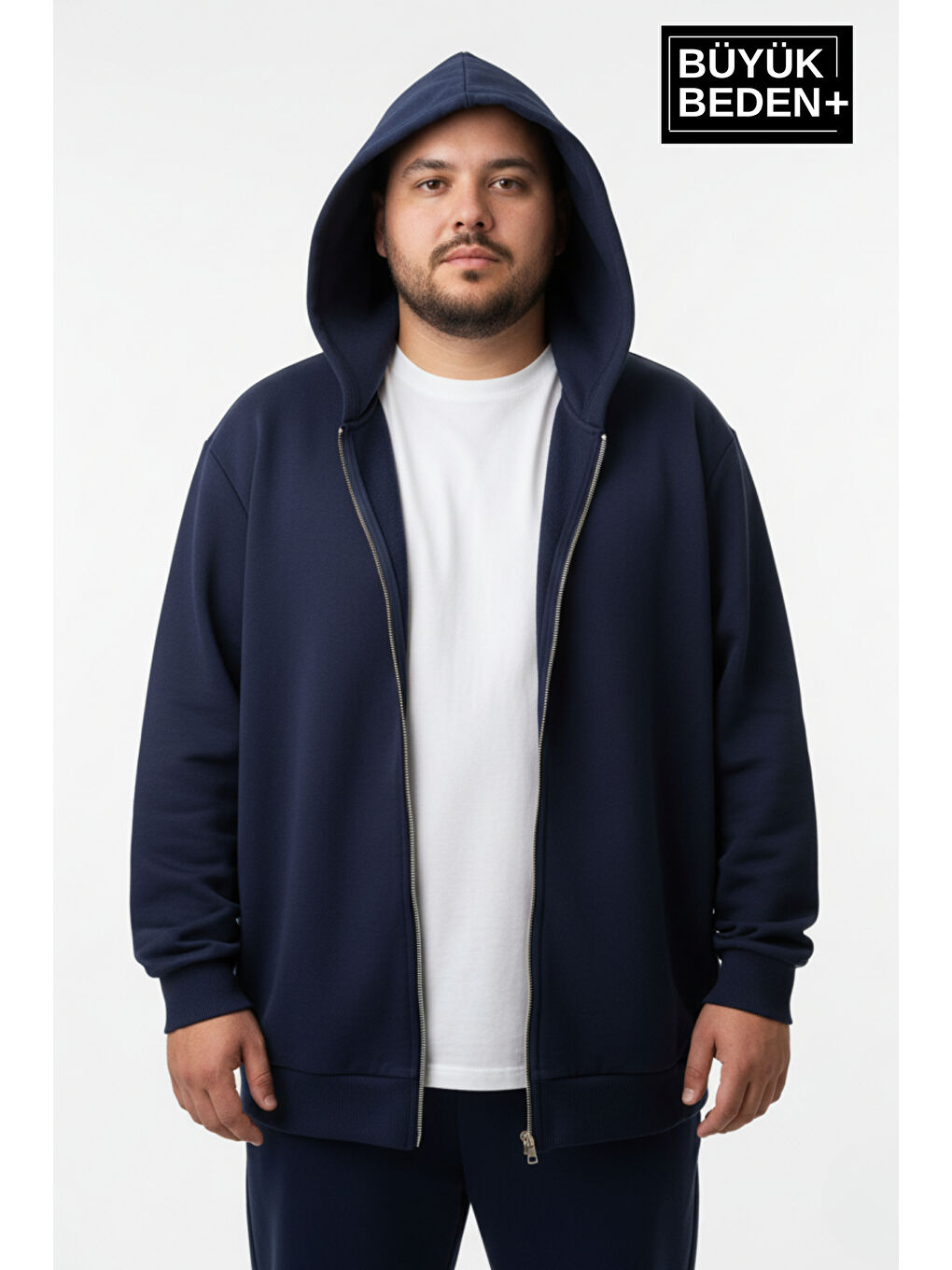 Lacivert Büyük Beden Kapüşonlu 2'li Set ince Erkek Fermuarlı Sweatshirt Hırka Rahat Kalıp SPR26BHR960+2-1