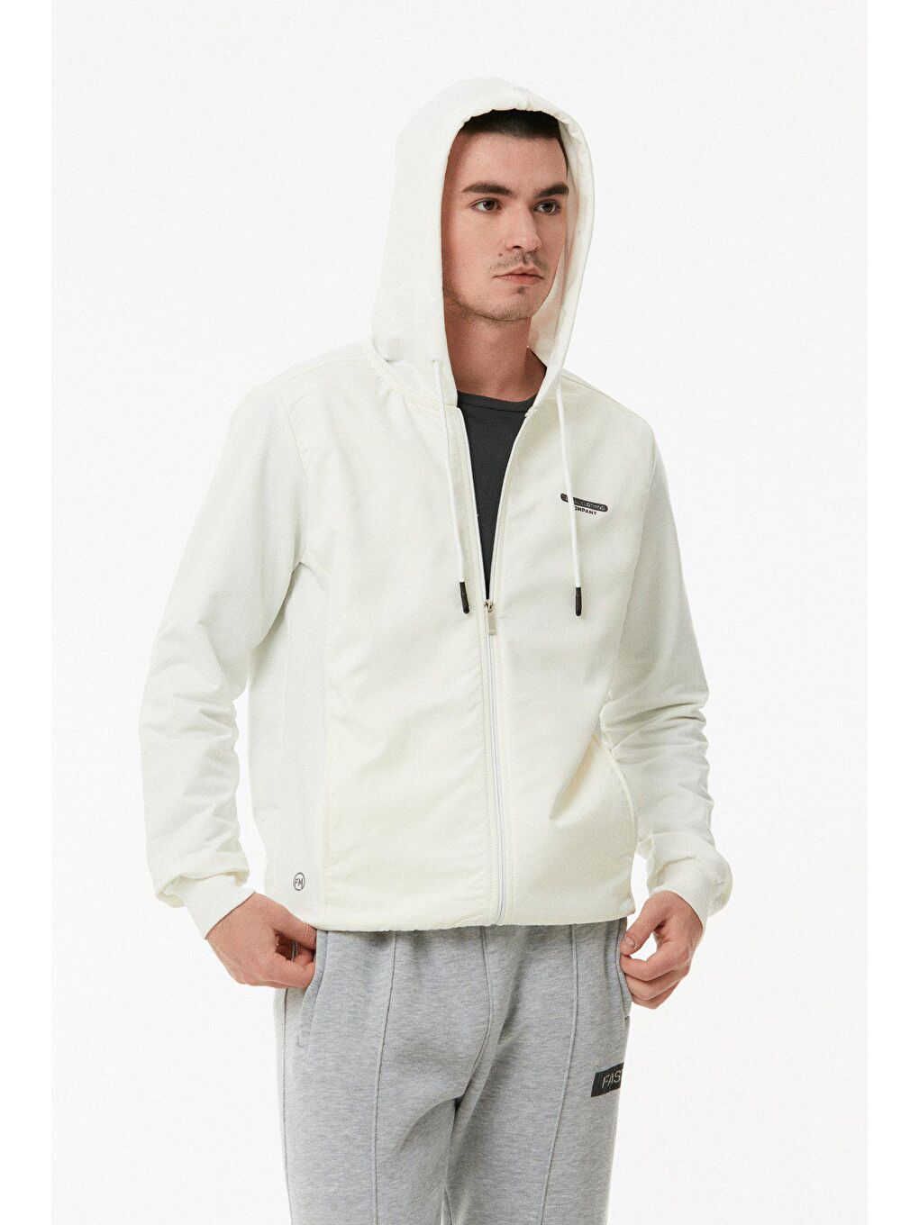 Ekru Baskılı Kapüşonlu Dalgıç Kumaş Fermuarlı Sweatshirt-4