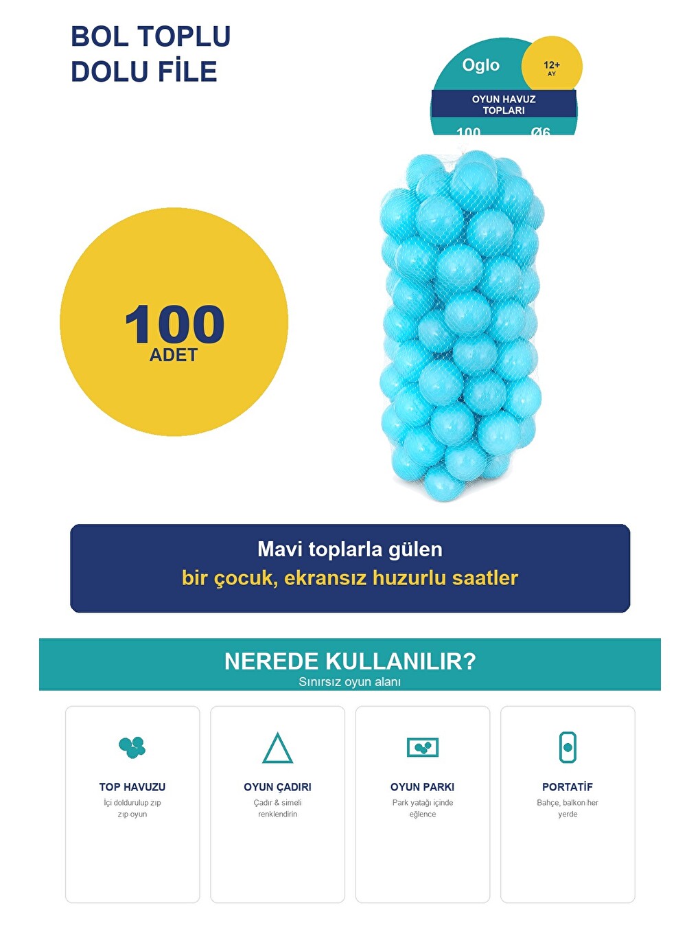 Mavi Havuz Topu 100 Adet — Yumuşak Oyun Havuzu Topları, Filede 1+ Yaş-2