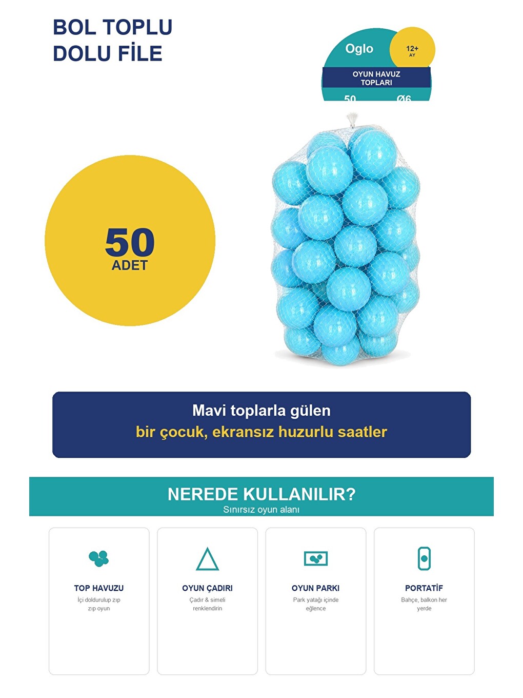 Mavi Havuz Topu 50 Adet — Yumuşak Oyun Havuzu Topları, Filede 1+ Yaş-2