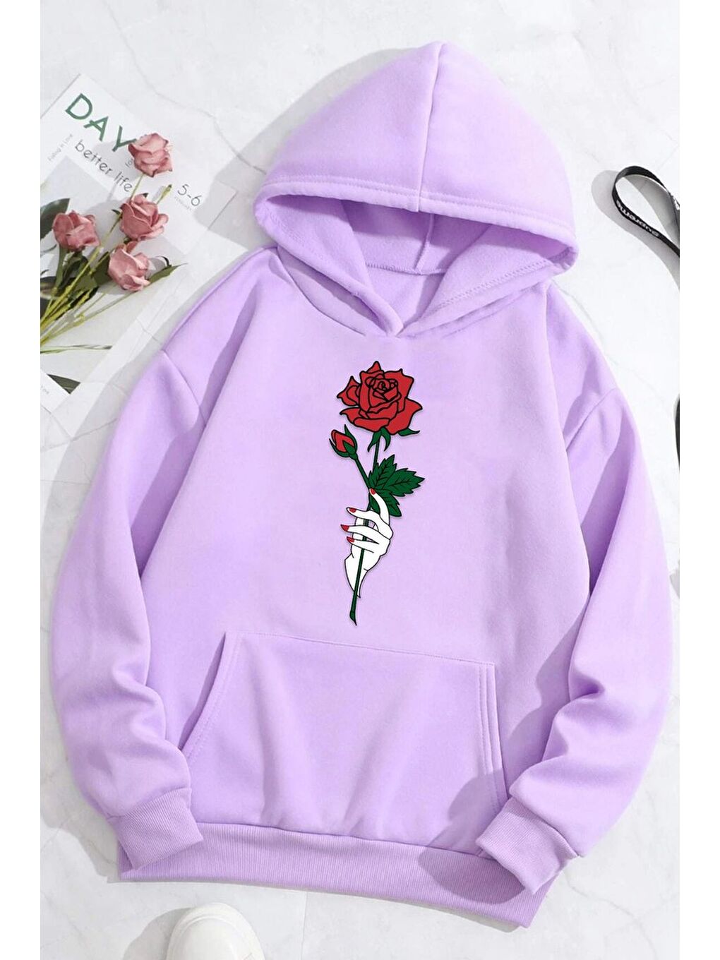 uyguntarz Lila Unisex Rose Baskılı Sweatshirt