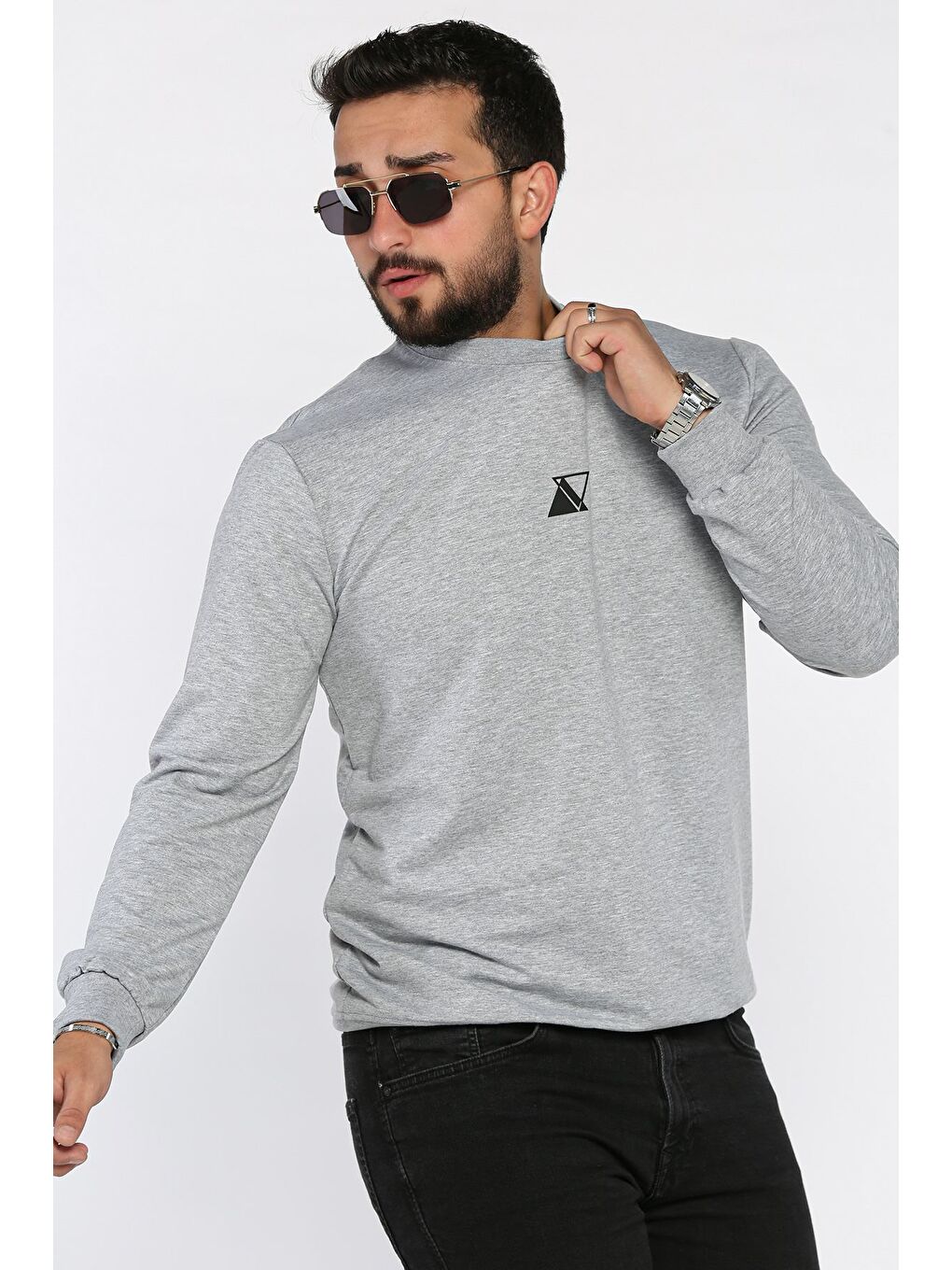 Gri Erkek Bisiklet Yaka Baskı Detaylı Sweatshirt-1