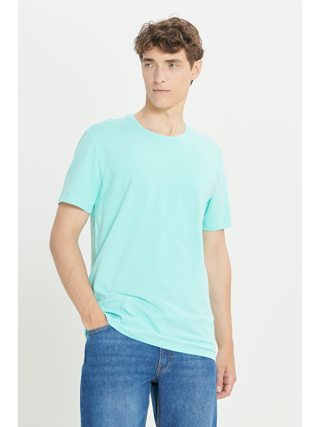 Erkek Turkuaz 360 Derece Her Yöne Esneyen Slim Fit Bisiklet Yaka Tişört