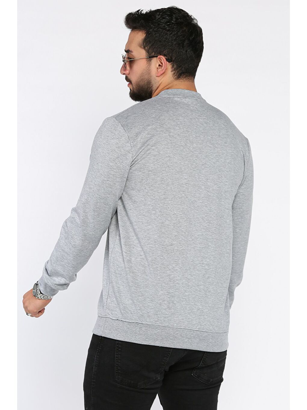 Gri Erkek Bisiklet Yaka Baskı Detaylı Sweatshirt-2