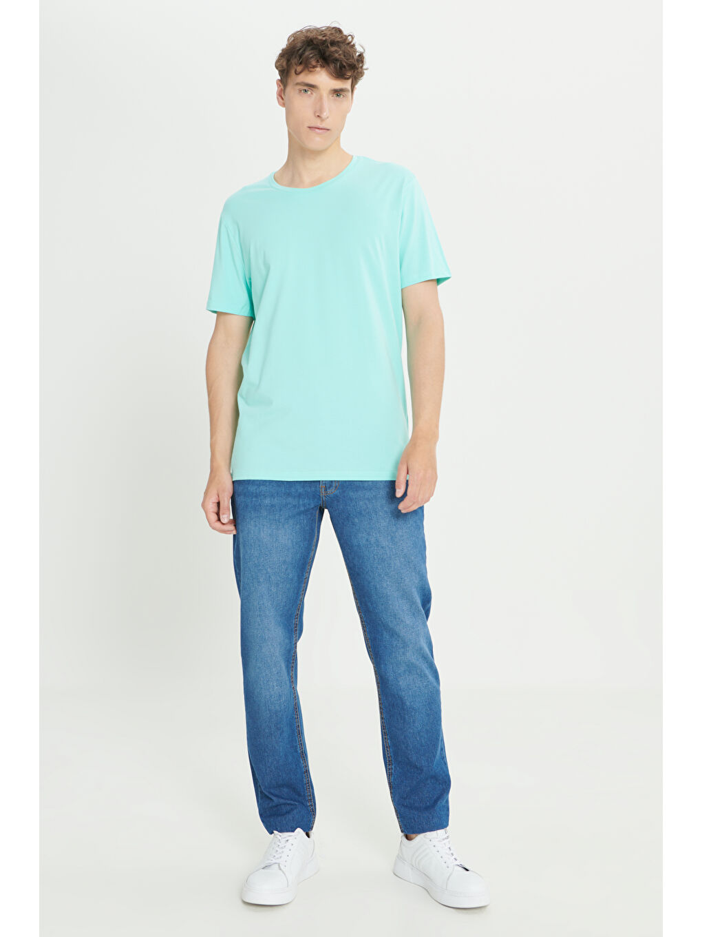 Erkek Turkuaz 360 Derece Her Yöne Esneyen Slim Fit Bisiklet Yaka Tişört-1