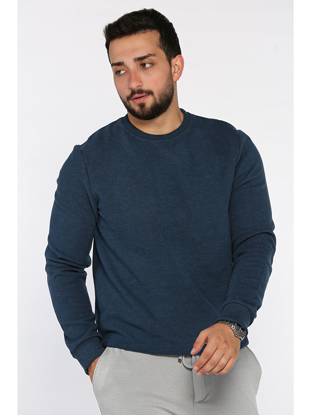 İndigo Erkek Bisiklet Yaka Selanik Sweatshirt-1