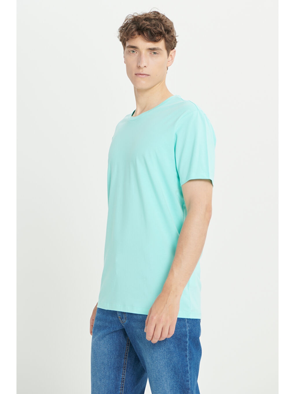 Erkek Turkuaz 360 Derece Her Yöne Esneyen Slim Fit Bisiklet Yaka Tişört-2