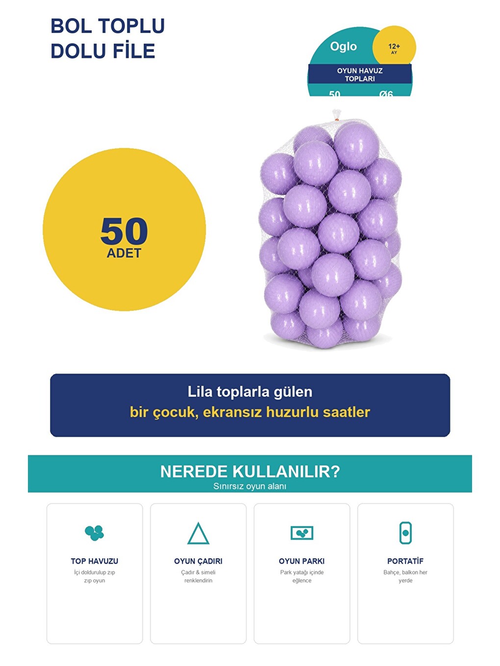 Lila Havuz Topu 50 Adet — Yumuşak Oyun Havuzu Topları, Filede 1+ Yaş-2