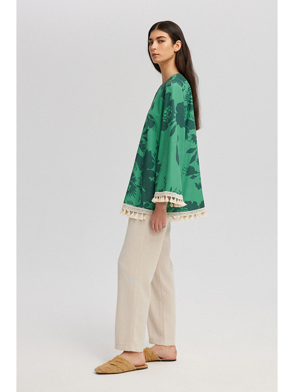 Yeşil Püskül Dantel Detaylı Doğal Dokulu Tunik-2