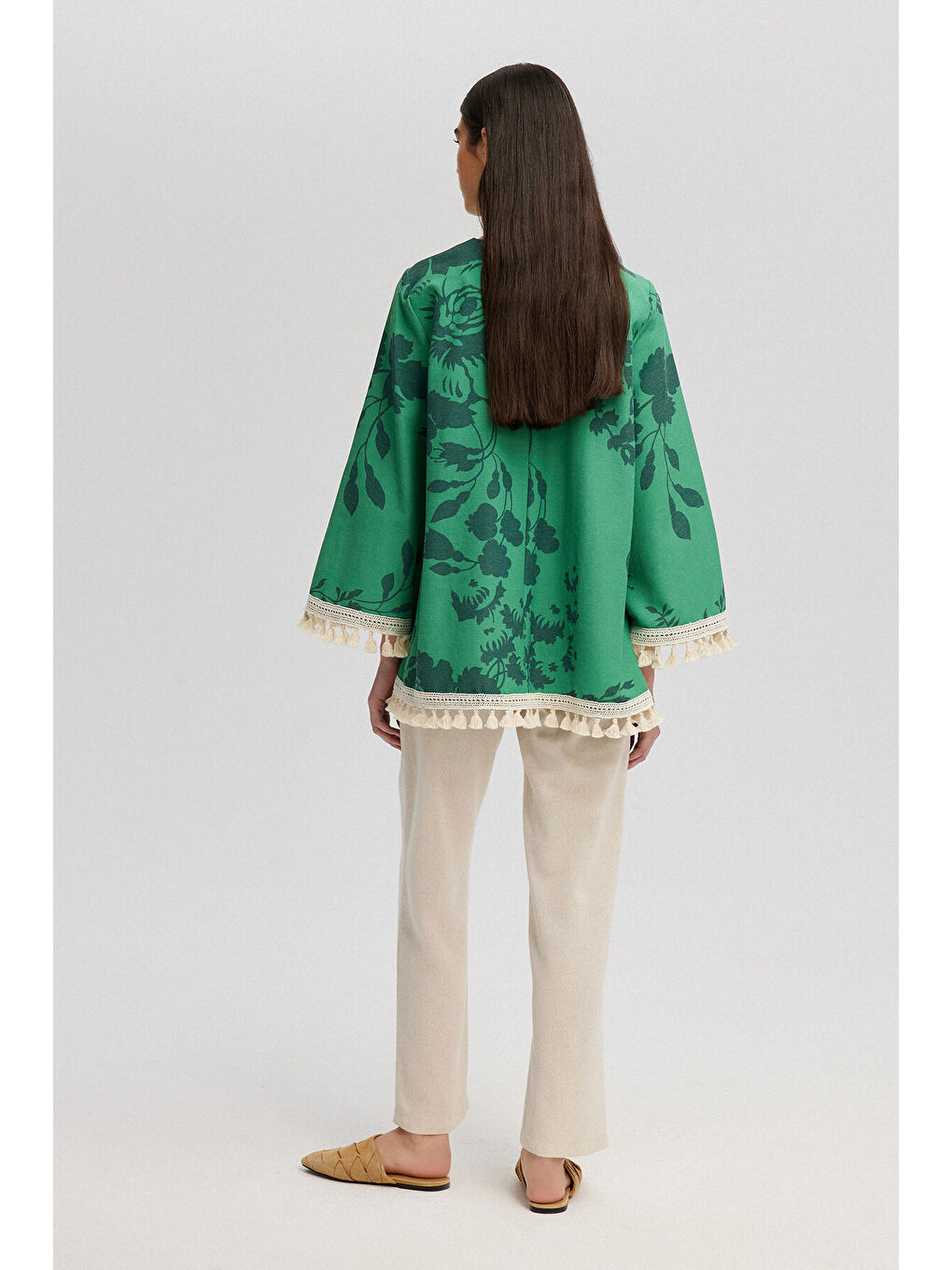 Yeşil Püskül Dantel Detaylı Doğal Dokulu Tunik-3