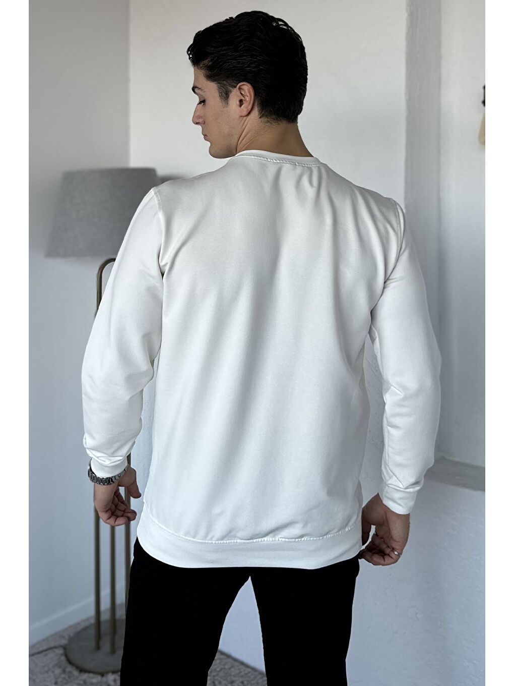 Ekru Erkek Bisiklet Yaka Baskı Detaylı Sweatshirt-2