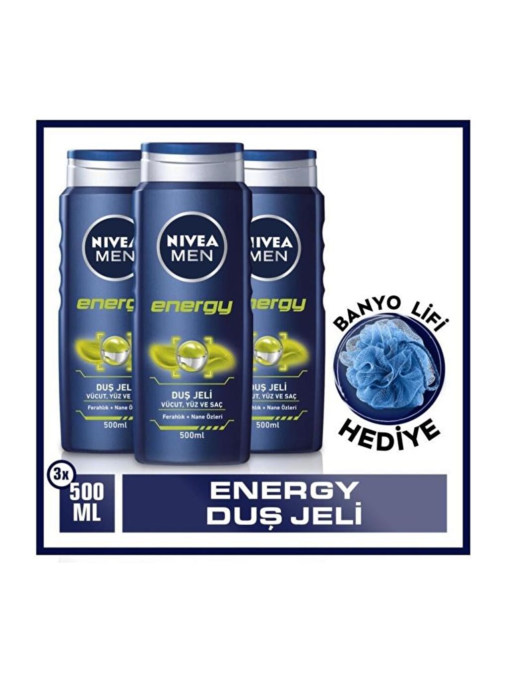 NIVEA Şeffaf Men Energy Duş Jeli, Vücut, Yüz Ve Saç Şampuanı 500 ml X3 Adet, Banyo Lifi Hediye